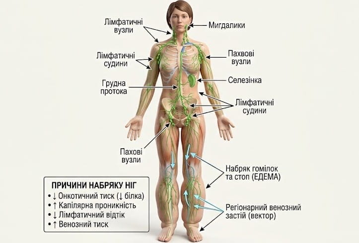 Лимфатическая система и причины отёка ног
