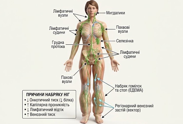 Лимфатическая система и причины отёка ног: онкотическое давление, капиллярная проницаемость, лимфатический отток и венозное давление